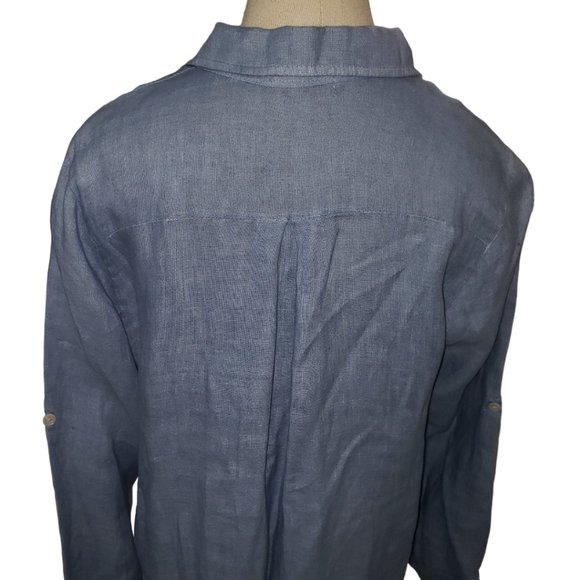 CT517 Linen 100% Italian Blue Maxi Long Sleeve Button Down Dress S/M - Picture 4 of 7
